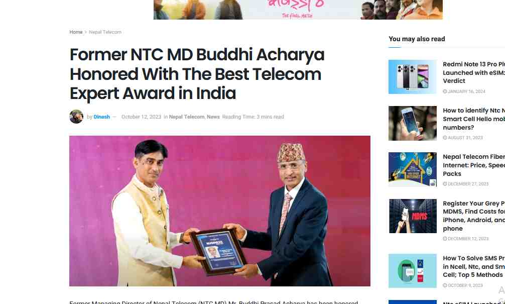 The Best Telecom Expert Award in Nepal award presented to Buddhi Acharya